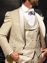 szampan męskie garnitury na studniówkę bal weselny smokingi na imprezę 3-częściowy szalowy kołnierz kwiatowy żakard plus rozmiar dopasowany krój jednorzędowy zapinany na jeden guzik 2024