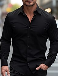 Men's Shirt Button Up Shirt Casual Shirt Black Long Sleeve Plain Lapel Street Vacation Basic Clothing Apparel Fashion Leisure
