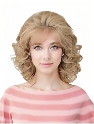 Vintage Short Blonde Beehive Wig with Bangs Curly Wavy Heat Resistant Synthetic Hair Wigs for Women fits 70s 80s Costume or Halloween and Party