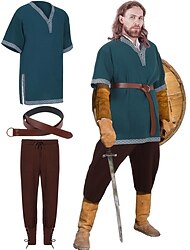 Set de costume medievale de halloween pentru bărbați, 3 buc, tunică renascentist, cămăși viking pirat războinic, pantaloni gotici, centură de cavaler, costum cosplay larp