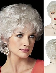 Short Curly Wigs For Women Old Lady Costume Halloween Wig Grey White Granny Wig With Bangs High Temperature Fibers