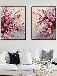 2 Pieces Abstract Blossom Pink Flower Oil Painting on Canvas Handpainted Original Modern Textured Floral Scenery Painting Home Wall Art Living Room Decor Stretched Canvas