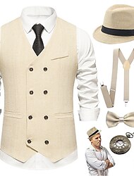 set cu vestă slim fit vestă pălărie panama bretele y-back papion ceas de buzunar mustață epocă anii 1920 gatsby gentleman ținute bărbați gangster costum cosplay mascaradă eveniment petrecere nuntă