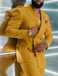 חליפות נשף צהובות לגברים חליפות חתונה בצבע אחיד 2 חלקים יומית עסקית פלוס מידה כפולה חזה שישה כפתורים 2024