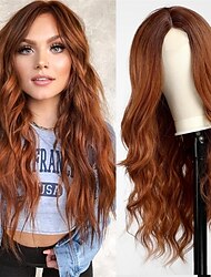 Длинный каштановый волнистый парик с эффектом омбре для женщин, 26-дюймовый вьющийся парик со средней частью, естественный вид, парик из синтетического термостойкого волокна для ежедневного