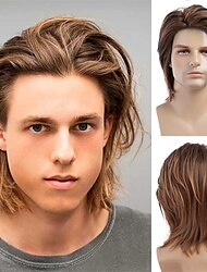 Peruca marrom masculina curta e fofa, cabelo natural sintético, cosplay de halloween, peruca completa para festa