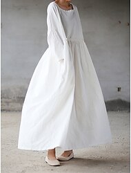 Mujer Vestido blanco vestido largo vestido largo Algodón Bolsillo Vacaciones Ropa de calle Básico Escote Cuadrado Manga Larga Negro Blanco Rojo Color