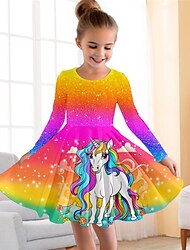 rochie curcubeu cu unicorn 3d pentru fete, mânecă lungă, imprimeu 3d, toamnă, sporturi de iarnă & vacanță zilnică în aer liber drăguț casual copii frumoși 3-12 ani rochie casual o rochie de linie