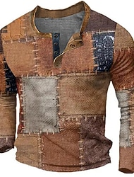 Men's Graphic Color Block Patchwork Henley Shirt Waffle T Shirt Long Sleeve 3D Print Fashion Designer Casual Sports Outdoor Holiday Festival Spring &  Fall Blue Yellow Brown Gray Henley Henley T-Shirt