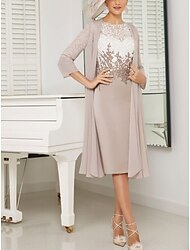 Two Piece Sheath / Column Mother of the Bride Dress Wedding Guest Elegant Petite Scoop Neck Knee Length Chiffon Lace 3/4 Length Sleeve with Ruching 2024
