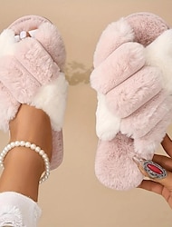 Women's Slippers Fuzzy Slippers Fluffy Slippers House Slippers Daily Indoor Color Block Winter Flat Heel Open Toe Casual Comfort Minimalism Faux Fur Loafer Black Pink Green