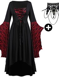 készletek középkori ruhával harangujjal csipke tetoválás choker nyaklánc 2 db retro vintage punk goth stílusú boszorkány ruhák női cosplay jelmez karneváli buli hétköznapi