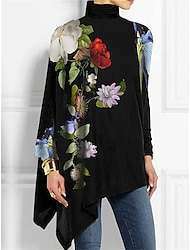 Mulheres Camiseta Floral Moda Manga Longa Gola Alta Tops longos Feriado Final de semana Imprimir Assimétrico Preto Amarelo Vermelho Azul Roxo Primavera & Outono