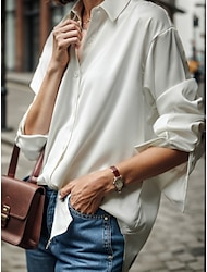 Women's Shirt Blouse Plain Button Work Daily Business Mature Long Sleeve Shirt Collar Black Spring &  Fall