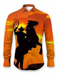 Horse Casual Men's Shirt Daily Wear Going out Fall & Winter Turndown Long Sleeve Orange, Green S, M, L 4-Way Stretch Fabric Shirt