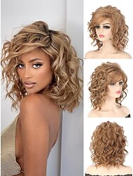 14 inch kort krullend golvend bob pruiken voor vrouwen ombre blonde golvende pruiken met pony zijkant synthetisch haar pruik