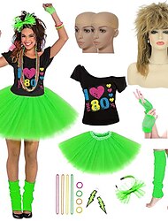 Set with Off Shoulder T-shirt Tutu Skirt Tina Rock Diva Wigs Headbands Beaded Necklace Accessories Set Women's 80s Disco 1980s Outfits Retro Vintage Cosplay Costume Masquerade Party & Evening Club
