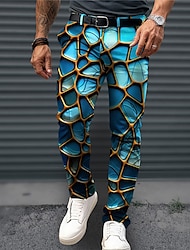 3D印刷 ビジネス カジュアル 男性用 3Dプリント スーツ パンツ アウトドア デイリーウェア ストリートウェア ポリエステル ブルー オレンジ グリーン S M L ミディアムウエスト 弾性 パンツ