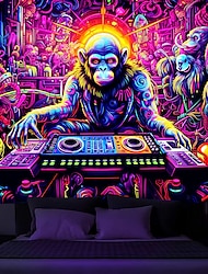 Tapiz de luz negra UV reactivo que brilla en la oscuridad DJ chimpancés animal trippy brumoso naturaleza paisaje colgante tapiz pared arte mural para sala dormitorio