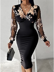 Women's Black Dress Golden Floral Lace Dress Sequin Party Midi Dress Long Sleeve Sequins Spring V Neck Wedding Guest S M L XL XXL 3XL