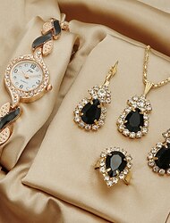 5 sztuk/zestaw damski zegarek luksusowy zegarek kwarcowy z kryształkami w stylu vintage gwiazda analogowy zegarek na rękę & komplet biżuterii, prezent dla mamy dla niej