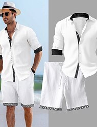 ανδρικό πουκάμισο λινό πουκάμισο λινό σορτς και σετ πουκάμισο με κουμπί επάνω σορτς πουκάμισο σετ λευκό μακρυμάνικο πουά πέτο άνοιξη & φθινόπωρο casual καθημερινά ρούχα 2 πακέτα