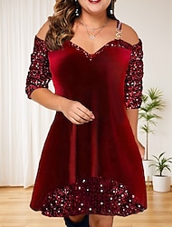 Women's Plus Size Velvet Dress Sequin Dress Lace Dress Velvet Sequins Patchwork Spaghetti Strap Long Sleeve Mini Dress Christmas Wedding Guest Wine Spring Fall