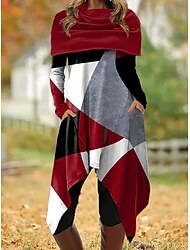 Women's Vintage Dress Plaid Dress Plaid Tribal Print Patchwork Cowl Neck Midi Dress Vintage Ethnic Street Holiday Long Sleeve Loose Fit Black White Pink Fall Winter S M L XL XXL