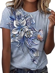 Naisten T-paita Kukka Perhonen Painettu Kausaliteetti Pyhäpäivä Muoti Lyhythihainen Pyöreä kaula-aukko Sininen Kesä