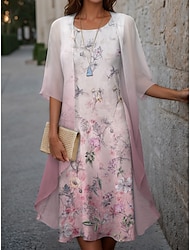Damen Zweiteiliges Kleid-Set Casual kleid Chiffon-Kleid Kleid drucken Outdoor Festtage Modisch Modern Bedruckt Midikleid Rundhalsausschnitt Halbe Ärmel Blumen Lockere Passform Rosa Blau Grün Frühling