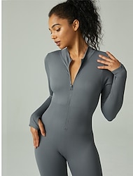Women's Jumpsuit Zipper High Waist Solid Color Stand Collar Bodycon Sport Regular Fit Long Sleeve Black Brown Light Grey S M L Summer
