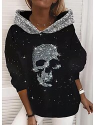 Women's Pullover Hoodie Sweatshirt Pullover Graphic Skull Sparkly Print Weekend 3D Print Active Streetwear Clothing Apparel Hoodies Sweatshirts  Green Black