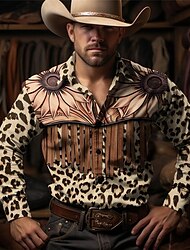 Floral Leopard Vintage western style Men's Shirt Western Shirt Outdoor Street Casual Daily Fall & Winter Turndown Long Sleeve Brown Gray S M L Shirt