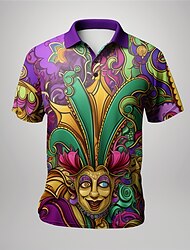 Carnival Mask Men's Abstract Print 3D Outdoor Daily Wear Streetwear Mardi Gras Polyester Short Sleeve Turndown Polo Shirts Blue Purple Spring & Summer S M L Micro-elastic