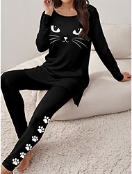 Mulheres Camiseta Conjuntos de calças Gato Imprimir Ao ar livre Casual Esportes Diário Manga Longa Decote Redondo Preto Primavera & Outono