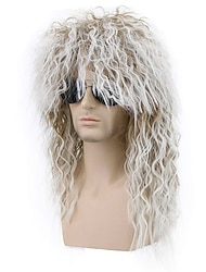 Men and Women Long Curly Brown Gradient White Wig 70s 80s Rocker Mullet Party Funny Wig Costume Wig
