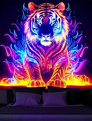 Fire Tiger Blacklight Tapestry UV Reactive Glow in the Dark Animal Trippy Misty Hanging Tapestry Wall Art Mural for Living Room Bedroom