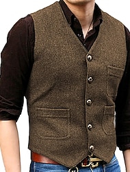 Men's Vest Waistcoat Daily Wear Vacation Going out Fashion Basic Spring &  Fall Button Polyester Comfortable Plain Single Breasted V Neck Regular Fit Black Red Dark Navy Ocean Blue Vest