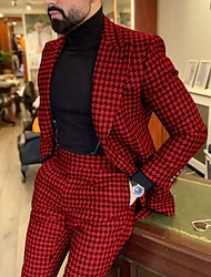 黒+赤メンズ千鳥格子スーツ結婚式スーツチェック柄チェック 2 ピース秋冬セットファッションビジネスフォーマルテーラードフィットシングルブレスト 1 ボタン