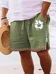 Men's Shorts Summer Shorts Beach Shorts Zipper Drawstring Elastic Waist Leaf Comfort Breathable Short Daily Holiday Going out Cotton Blend Hawaiian Casual Army Green Royal Blue