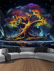 Bonsai Blacklight Tapestry UV Reactive Glow in the Dark Trippy Psychedelic Misty Nature Landscape Hanging Tapestry Wall Art Mural for Living Room Bedroom