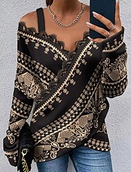 T shirt Tee Women's Black Graphic Wrap Cross Print Lace Trims Daily Weekend Fashion V Neck Regular Fit S