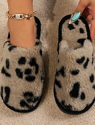 Pentru femei Papuci Pantofi Fuzzy Papuci de interior Papuci Calzi Casă Zilnic Leopard Piatră Semiprețioasă Toc Drept Vârf deschis Modă Pluș Casual Imitație Blană Loafer Negru Kaki