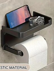 1 stuks wandgemonteerd toiletpapier opbergrek & mobiele telefoonhouder, zelfklevende toiletrolhouder met telefoonplank, upgrade uw badkamer met roestvrij en badkamer-wasruimte, zwart tissuerek
