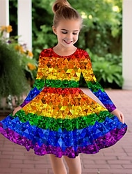 Carnival Girls' 3D Rainbow Dress Long Sleeve 3D Print Spring Fall Sports & Outdoor Daily Holiday Cute Casual Beautiful Kids 3-12 Years Casual Dress A Line Dress Above Knee Polyester