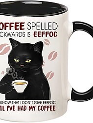 1db hordozható kerámia kávéscsésze - fekete macska dizájn, effoc hátrafelé betűzve - 11 oz-os utazóbögre az úton lévő kávé szerelmeseinek