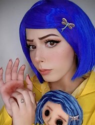 Coraline-Perücke, Kostüm-Halskette, blaue Bob-Perücken für Damen und Mädchen, kurze, gerade, farbige Perücke mit Pony für Motto-Kostümparty, Halloween (nur Perücke)