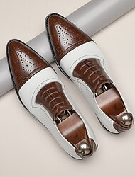 Men's White and Brown Faux Leather Oxford Shoes with Brogue Detailing - Classic Formal Dress Shoes for Business or Events