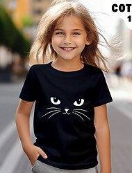 Девочки 3D Кот Футболка Рубашки С короткими рукавами 3D печать Лето Активный Мода Симпатичные Стиль 100% хлопок Дети 3-12 лет Вырез под горло на открытом воздухе Повседневные Стандартный