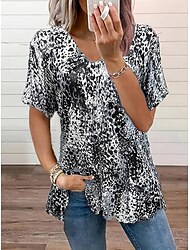 Mulheres Camiseta Leopardo Casual Vermelho Azul Roxo Imprimir Manga Curta Moda Decote V Normal Verão